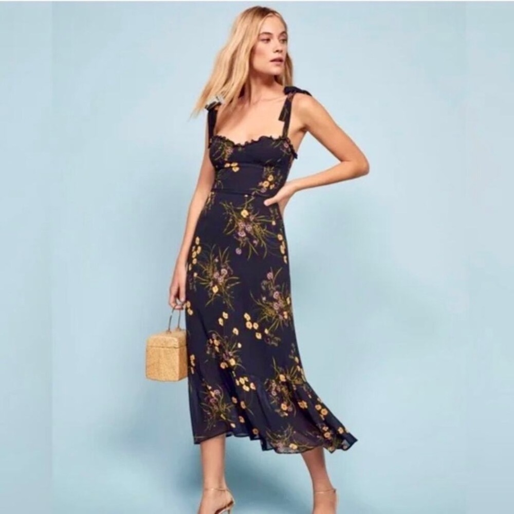 Reformation Floral Tie-Strap Midi Dress Navy Yellow Rose Nikita Size 0 - Picture 2 of 9